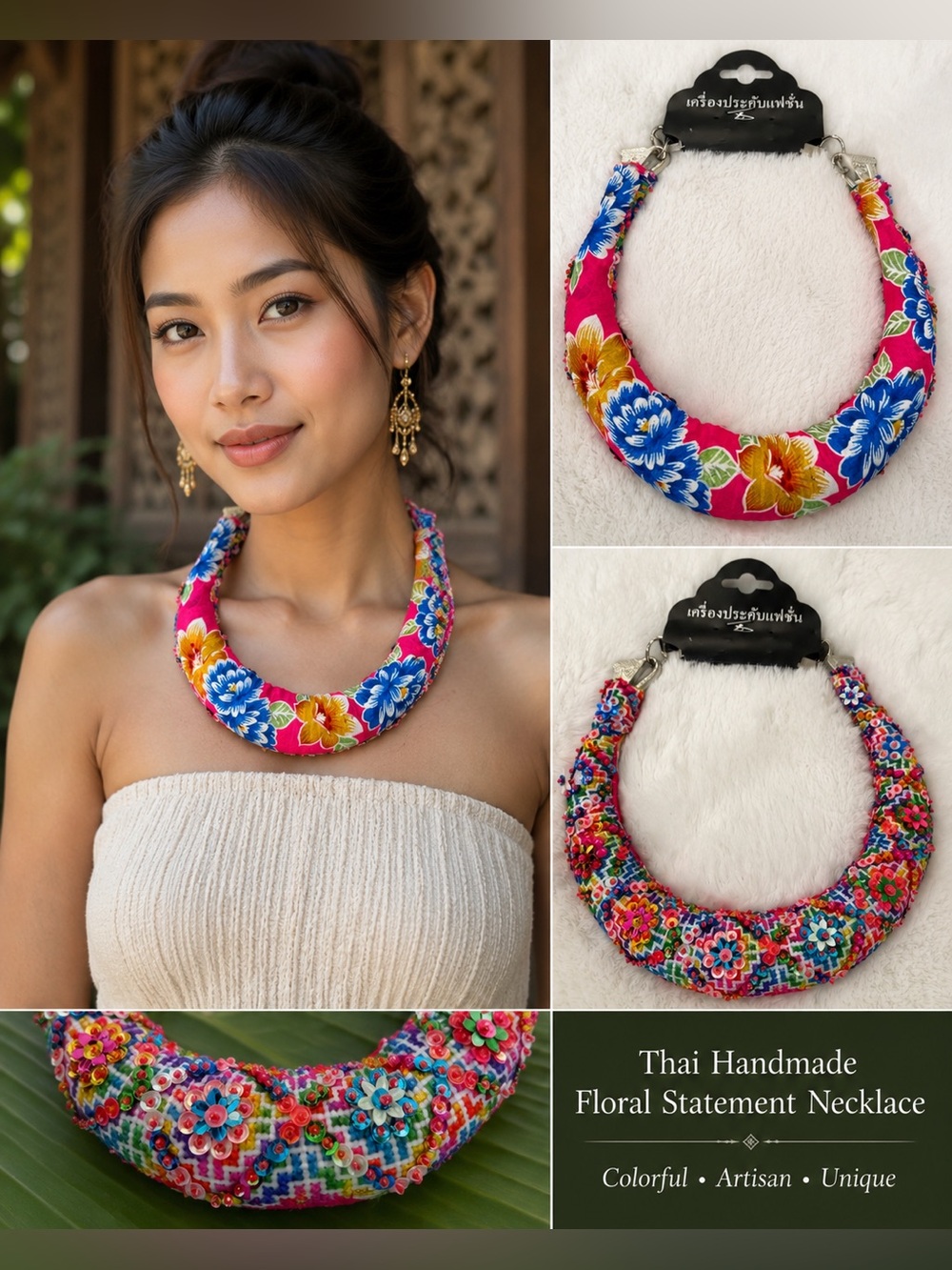 Thai Handmade Floral Statement Necklace Colorful Beaded Sequin